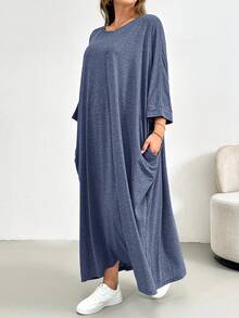 SHEIN Essnce Plus Size Women Spring And Summer Fashion Casual Loose Comfortable Daily Basic Slim Gray Three-Quarter Sleeve Long Dress,Simple Style ,Plus Size Dress,Church Dress Women,Going Out Outfits Batwing Sleeve Dress Lounge Dress - Dusty Blue - View 4