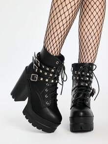 ROMWE Grunge Punk 秋冬女士时尚靴子，英伦风，厚底，双层防水台，粗跟，短靴，圆头，高跟，女靴 - 黑色 - 查看 1