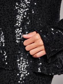 NYA SZN Women's Black Sequin Matching Set,Autumn Elegant Seksi Chic Night Out Outfits With Long Sleeve Button Up Collar Top & High Rise Slim Straight Pant - Black - View 7