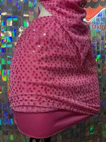 Conjunto de 2 piezas de top halter asimétrico de lentejuela de unicolor y minifalda sexy - Rosa - Ver 3