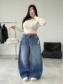 SHEIN EZwear Plus Size Women Vintage Blue Flared Jeans, High Waist Loose Fit Barrel Leg Jeans - Blue - View 6