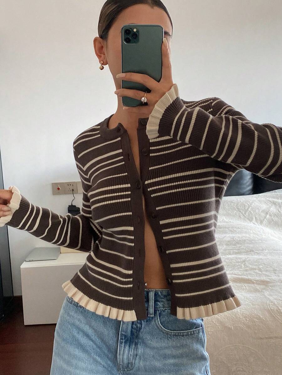 Livesso Women's Casual Striped Frill Trim Cardigan, Autumn/Winter - Brown - View 1