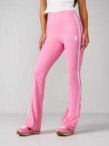 Missguided x Playboy High Rise Flared Track Pants With Side Stripe Detail And Logo Branding - Pink - View 1
