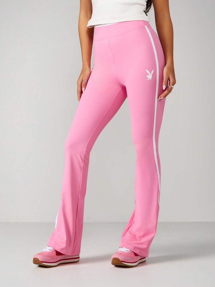 Missguided x Playboy High Rise Flared Track Pants With Side Stripe Detail And Logo Branding