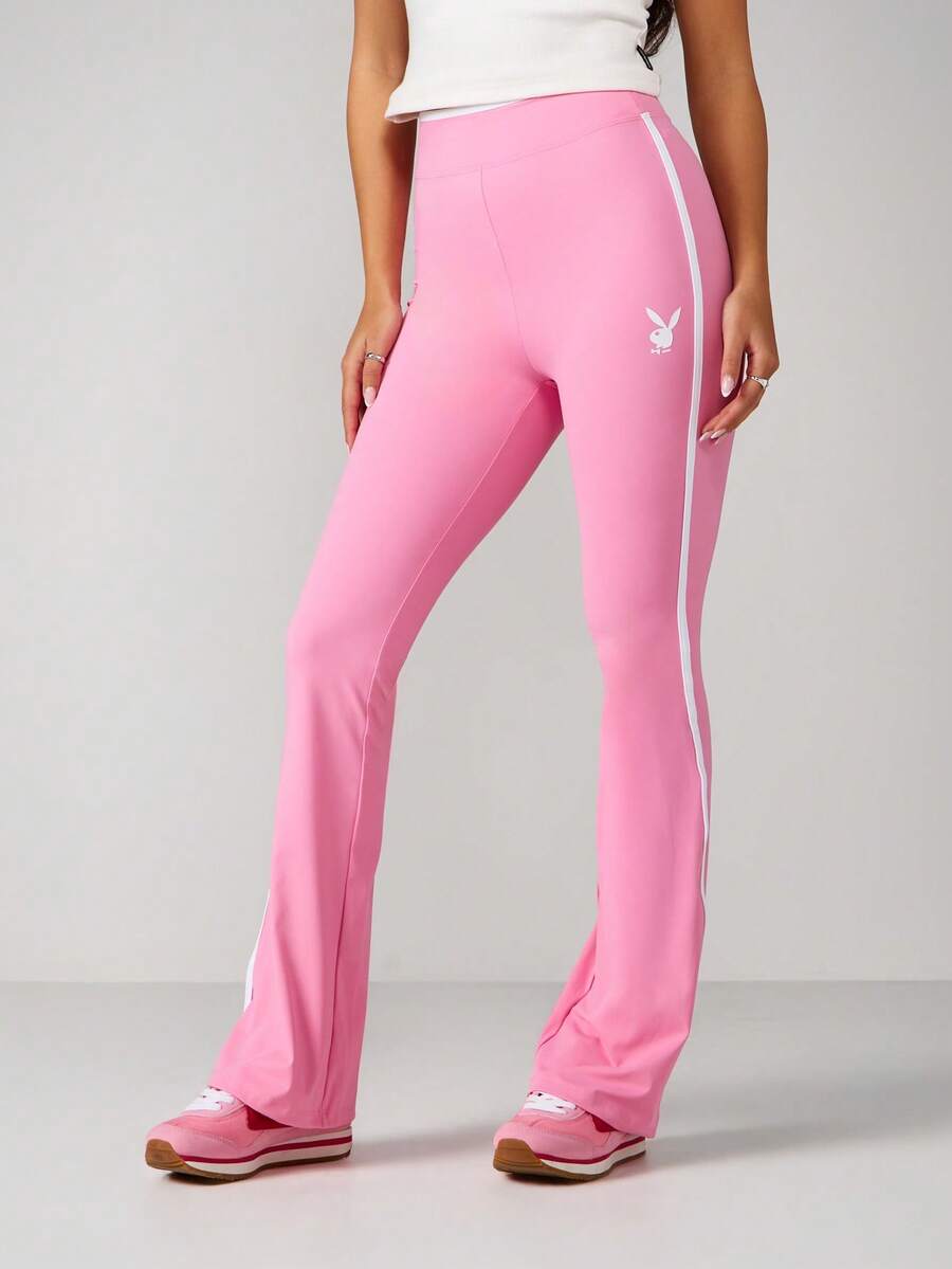 Missguided x Playboy High Rise Flared Track Pants With Side Stripe Detail And Logo Branding - Pink - View 1