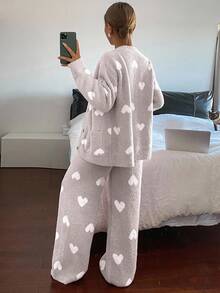DAZY Bộ đồ ngủ dài tay rộng rãi họa tiết trái tim dành cho nữ, mùa đông 2 món - Bụi tím - Xem 2