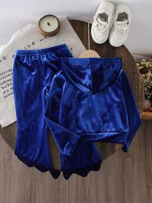 SHEIN 2pcs Young Girls Casual Solid Color Jacket & Pants Set - Blue - View 2