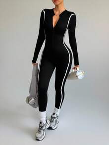 Dewbera Women's Zipper Ribbed Long Sleeve Jumpsuit Activewear Jumpsuit Gym Jumpsuit Compression Jumpsuit Sports Jumpsuit