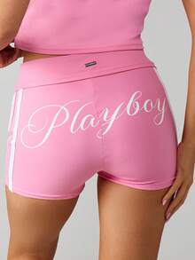 Missguided x Playboy Logo Sports Set With Crop Top And High Waist Shorts Athletic Two Piece Outfit - Pink - View 3