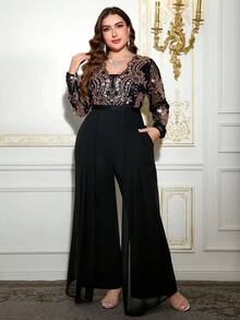 Gownix 大码女式网纱拼接褶皱休闲长袖阔腿连体裤 - 黑色 - 查看 9