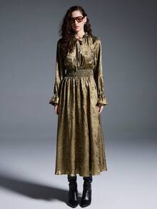 MYSTAURA Gaun Wanita Kerah Mandarin Lengan Raglan Manset Flare, Elegan & Modis - Emas - View 3