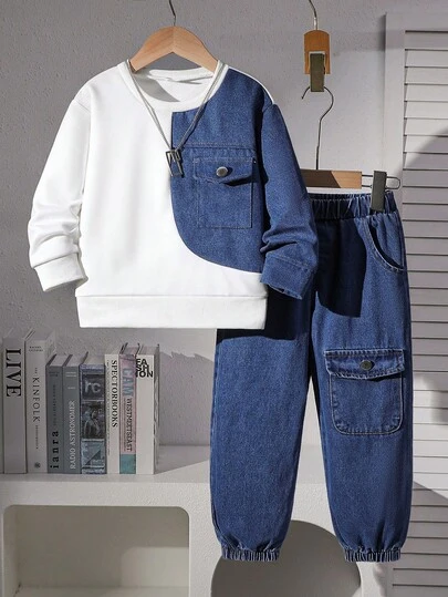 Genkimix Kids 2pcs Young BoyCasual Set, Loose Round Neck Denim Patchwork T-Shirt + Relaxed Fit Denim Pants, Spring Autumn