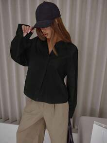 MUSERA Áo sơ mi tay phồng dáng rộng chất liệu cotton poplin, vạt nhún, kiểu dáng thanh lịch, dễ thương, gợi cảm, thích hợp cho mùa thu, đi chơi đêm, dự tiệc, mùa xuân hè, đi nghỉ mát. - màu đen - Xem 5