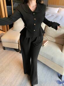 DAZY 2pcs Women's Elegant Commuter Front Button Long Sleeve Top And Pants Set, Autumn - Black - View 1