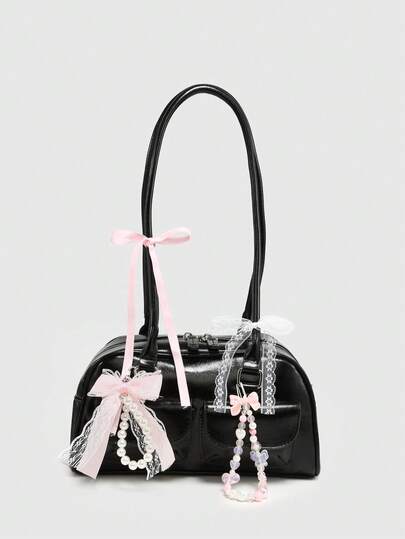 Kawaii Borsa a spalla vintage e carina da donna con motivo a quadri, decorazione con fiocco, ciliegie e cuori, borsa Boston multitasche, adatta per scuola, strada e stile giapponese