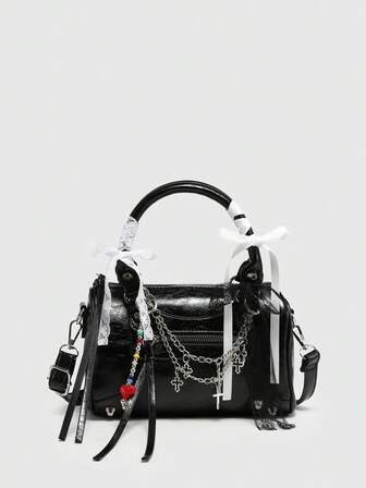 Kawaii Bolso de moto estilo retro Y2K para mujer, con estilo punk, decorado con remaches, cierre múltiple, de cuero artificial con efecto de aceite y cera, portátil, tipo Boston, que se puede llevar cruzado para salir, fiestas y citas