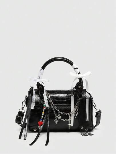 Kawaii Borsa da motociclista stile retrò Y2K da donna, in stile punk con rivetti decorativi e chiusure multiple, in pelle artificiale con effetto olio e cera, portatile, a tracolla, adatta per uscite, appuntamenti e feste