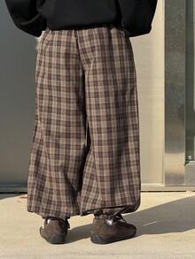 DAZY 男童休闲宽松格子裤，日系秋季款 - 棕色 - 查看 5