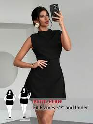 SHEIN PETITE CURVE Plus Size Elegant Solid Color Sleeveless Shift Dress, Suitable For Commuting