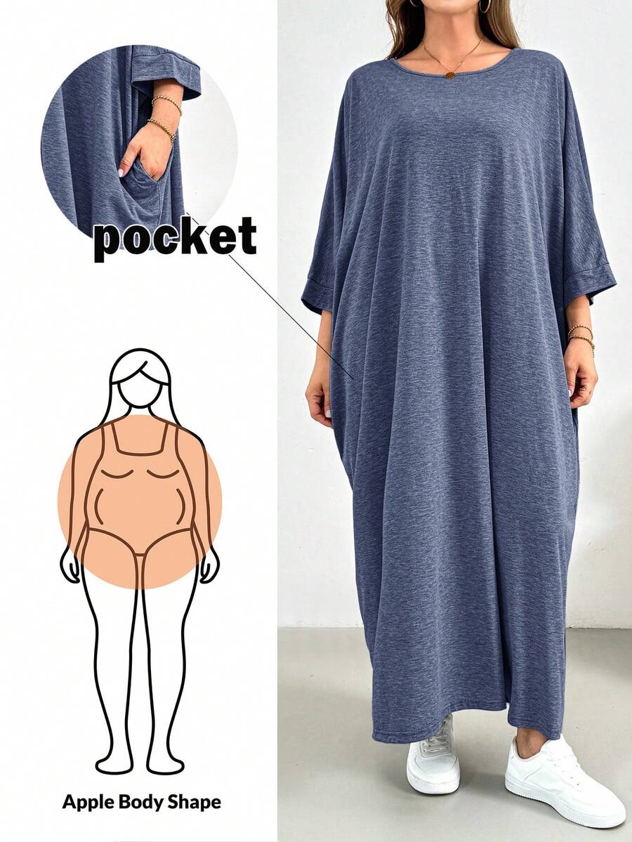 SHEIN Essnce Plus Size Women Spring And Summer Fashion Casual Loose Comfortable Daily Basic Slim Gray Three-Quarter Sleeve Long Dress,Simple Style ,Plus Size Dress,Church Dress Women,Going Out Outfits Batwing Sleeve Dress Lounge Dress - Dusty Blue - View 1