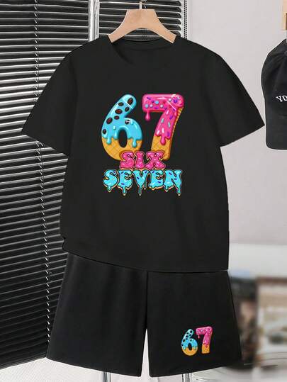 男童圆领T恤+短裤两件套，图案为甜甜圈和数字67，休闲时尚，适合春夏穿着