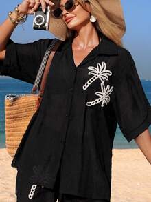 Swim Vcay Spring/Summer Elegant New Arrival 1 Piece Woven Solid Color Coconut Tree Patterned Decorative Short Sleeve Resort-Style Women Swimwear Kimono - Black - View 5