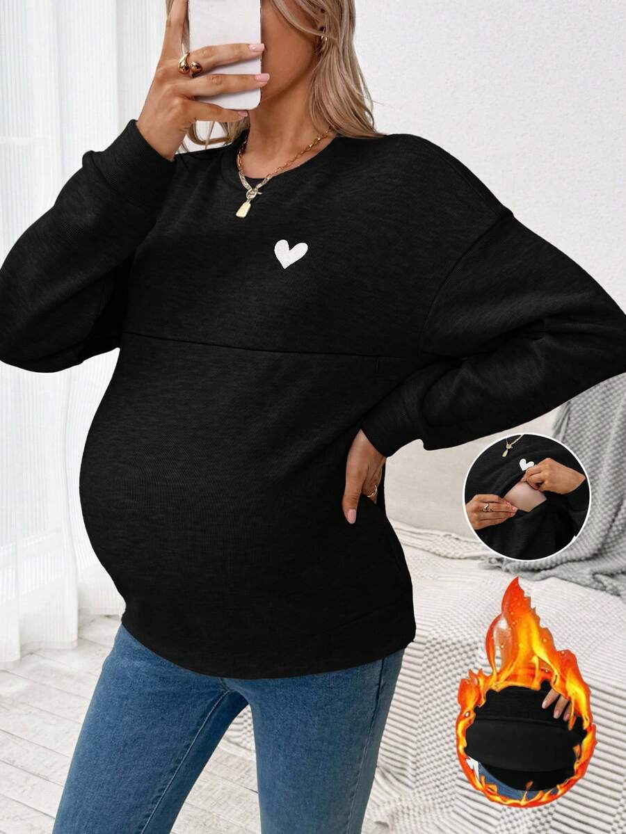 SHEIN 孕妇爱心图案黑色圆领长袖套头卫衣 - 黑色 - 查看 1