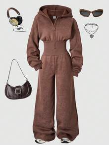 SHEIN ChillGRL 女童白色和灰色连帽拉链休闲运动卫衣和高腰抓绒裤套装 - 棕色 - 查看 3