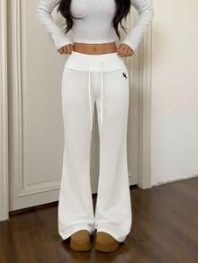 CovetEZ Calça de Moletom Flare Branca Casual Feminina com Nó e Bordado