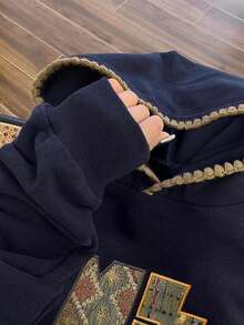 INAWLY 女士卫衣 / 复古图案仿刺绣印花 / 时尚休闲复古卫衣 / 休闲简约时尚卫衣 / 时尚上衣 / 趣味卫衣 / 秋冬宽松圆领长袖卫衣 / 女士春季套头衫、蕾丝边撞色连帽衫、长袖上衣、开学秋冬连帽衫 - 藏蓝色 - 查看 4