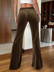 SHEIN EZwear Women's Brown Velvet Casual Pants, Simple & Fashionable For Everyday Wear - Brown - View 2