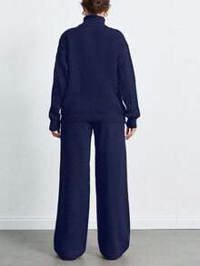SHEIN Tall 高領落肩袖毛衣褲子套裝，女款套裝，小碼套裝，套裝，小碼，冬季衣物，高個子女性 - 藏蓝色 - 查看 2