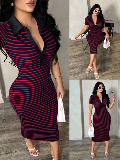 SHEIN SXY Women's Casual Striped Rib-Knit Polo Collar Short Sleeve Bodycon Midi Dress