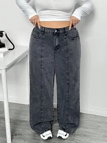 CurvyTilda 大码女式宽松高腰口袋阔腿男友牛仔裤 - 黑色 - 查看 4