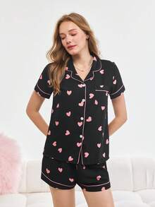 Bonmuse 女士心形印花泡泡皱短袖短裤睡衣套装 - 黑色 - 查看 3