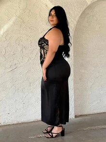 Truni Camiseta tipo camisola elegante de encaje talla grande, adecuada para vacaciones - Negro - Ver 4