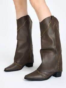 ROMWE Grunge Punk Botas de mujer de estilo francés retro con remaches de tubo alto, botas versátiles de vaquero occidental de altura corta y larga, botas de vaquero para mujeres - Caqui - Ver 2