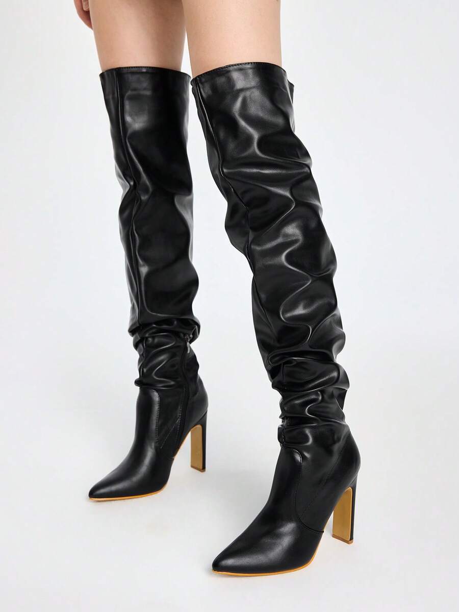 ROMWE Grunge Punk Perfect With Pants,Women's Pointed Toe Platform Over-The-Knee Boots, Ruched PU Leather Zipper Side Autumn Winter Boots,Fashionable Boots - Black - View 1