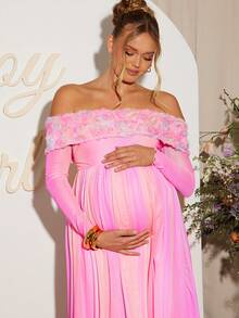 Loomaby 孕妇露肩长袖渐变色3D花卉装饰连衣裙 - 彩色 - 查看 7