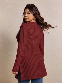 Elaquor Áo thun nữ cỡ lớn, màu trơn, cổ tròn, tay dài, kiểu dáng thường ngày, xẻ tà bên hông. - Rỉ Nâu - Xem 2