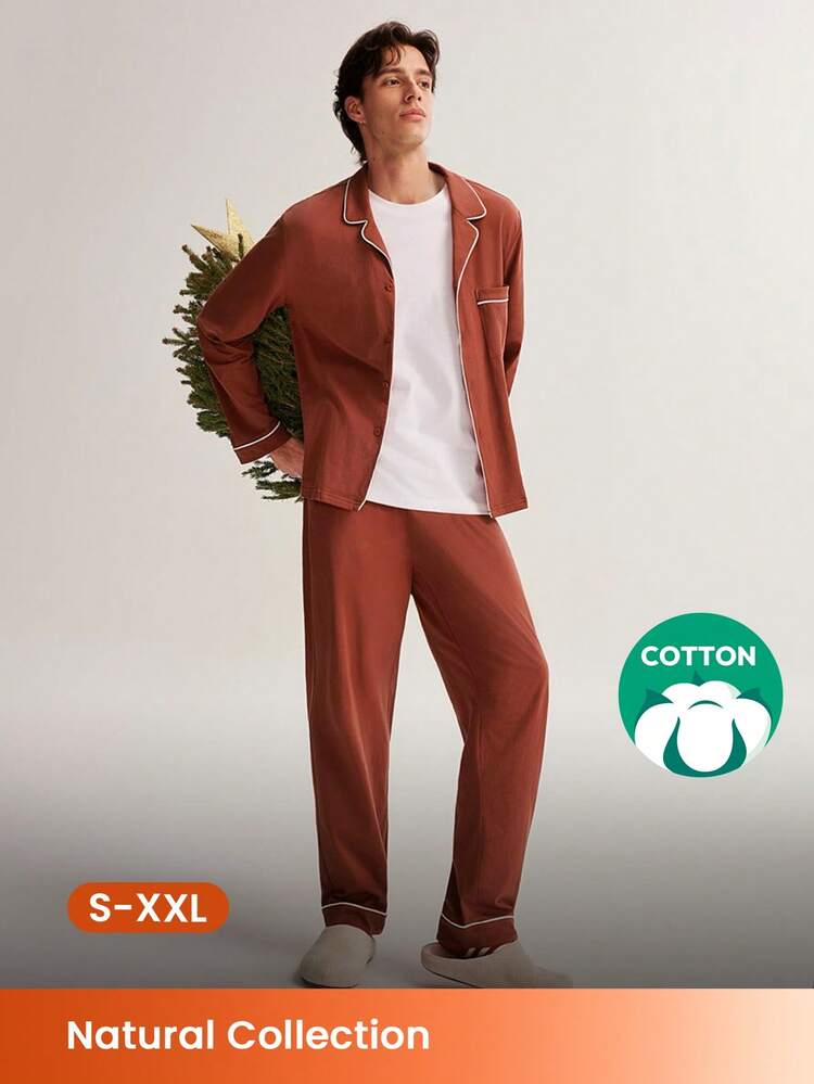 Pijamas de Navidad y Año Nuevo para parejas, suaves de 100% algodón puro, conjunto de pantalón y camisa abotonada básica roja para hombre, pijamas de salón con bolsillos para hombre, pijamas esenciales para bodas en otoño