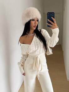 StreetHx Spring Thin Sweater And Pants Two Pieces Set, Casual Women's Suit - White - View 6