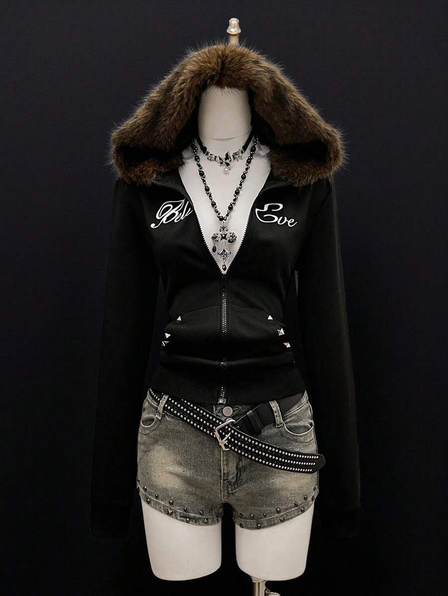 StreetHx Áo nỉ ôm sát cổ lông giả phong cách Punk đường phố dành cho nữ - màu đen - Xem 1