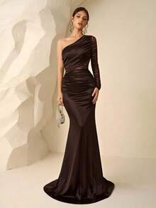 Coutiva Robe de demoiselle d'honneur sexy avec patchwork en dentelle, manches longues, épaules asymétriques et coupe ajustée, couleur unie. Idéal pour la Saint-Valentin - Tabac - Voir 7