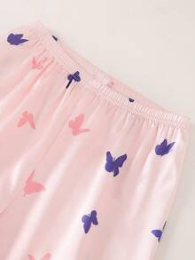 两件套女童蝴蝶印花柔软舒适开衫毛衣和裤子睡衣套装，优雅休闲家居服 - 粉色 - 查看 6