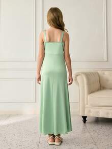 Tween Girls Elegant Satin Slip Dress With Waist Cinching Design, Luxurious Sexy High Slit, Light Green - Green - View 2