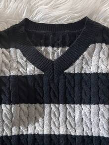 SHEIN 少女条纹撞色麻花针织V领灯笼袖宽松套头毛衣，适合秋冬季外出穿着 - 深灰色 - 查看 3