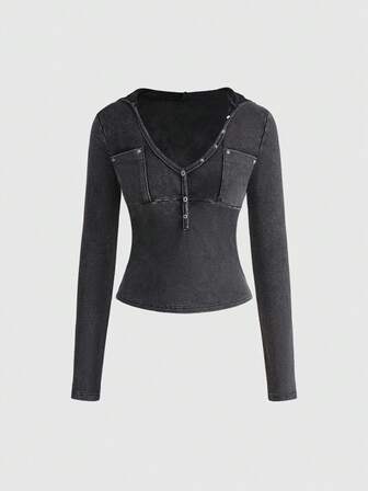 Grunge Punk sweat-shirt à capuche court déchiré punk Y2K avec col en V, coupe slim