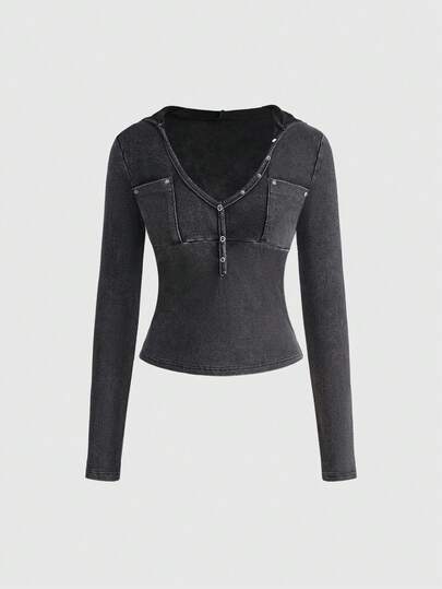 Grunge Punk Felpa corta punk con scollo a V, slim fit, stile Y2K consumato