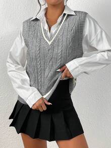 Chiquease 女士休闲撞色滚边针织背心，秋冬季 - 灰色 - 查看 7